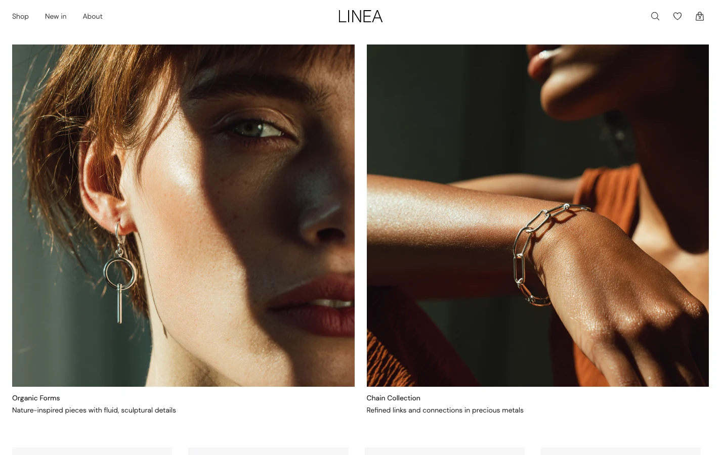 LINEA jewelry storefront rendered in a browser, showing a two-image editorial hero and product copy